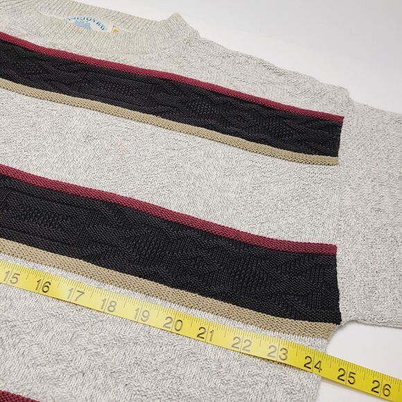 VINTAGE HAMPTON BAY Sweater Mens Large Beige Striped Grandpa Made In USA 90's - Picture 6 of 7